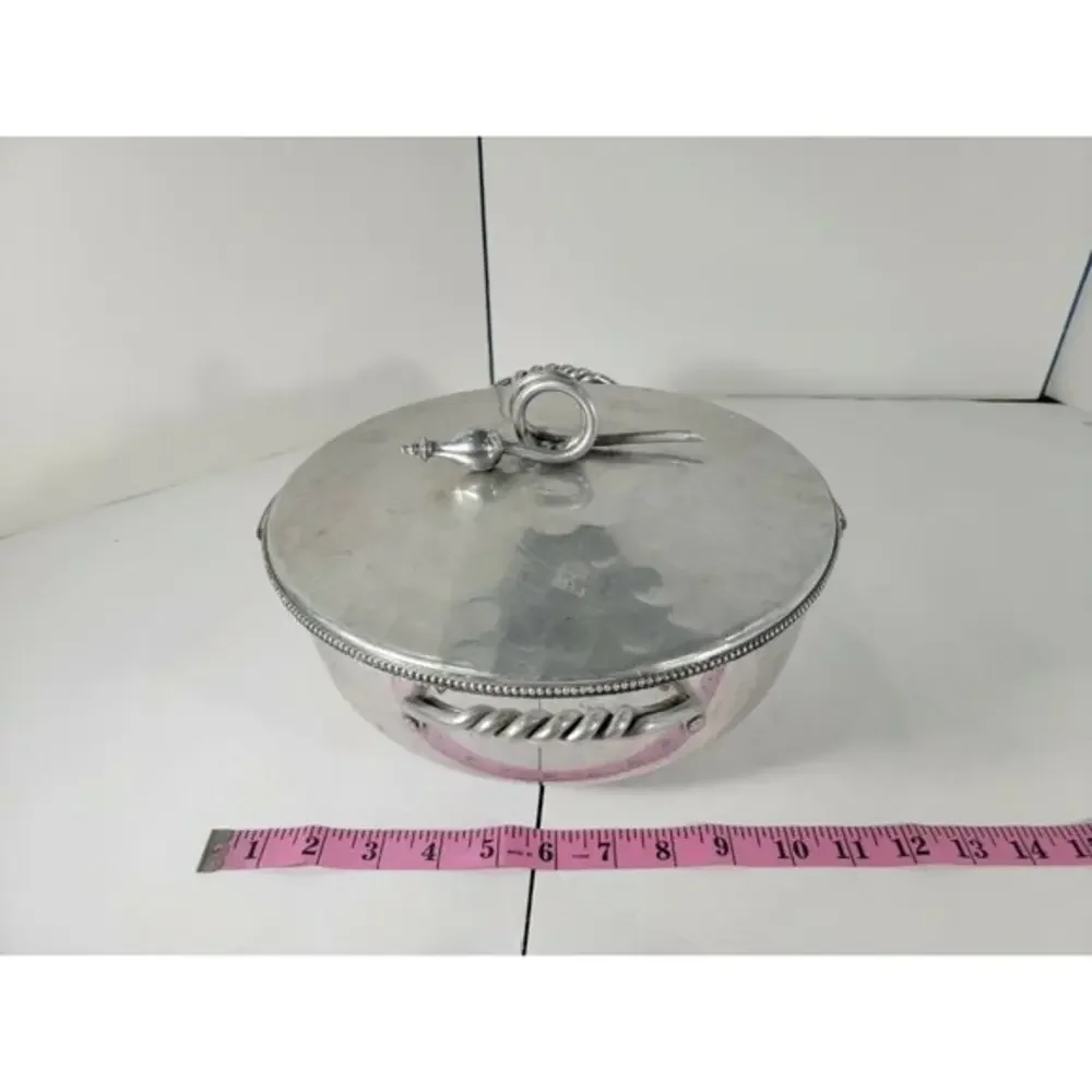 1950s Hand Hammered‎ Aluminum Casserole Server with Pyrex Bowl Glass Insert